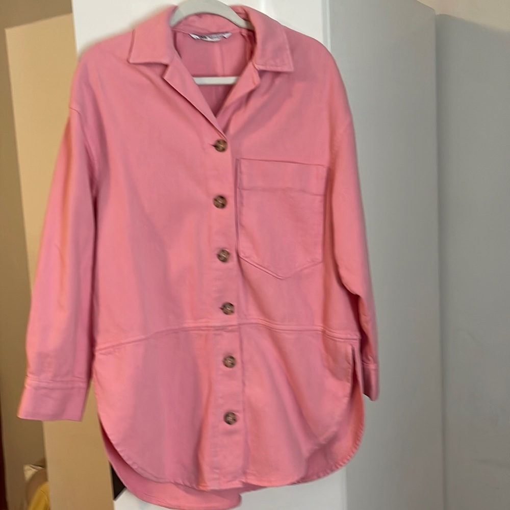 Barbie pink Zara oversize denim button down shirt jacket Sz Xsmall